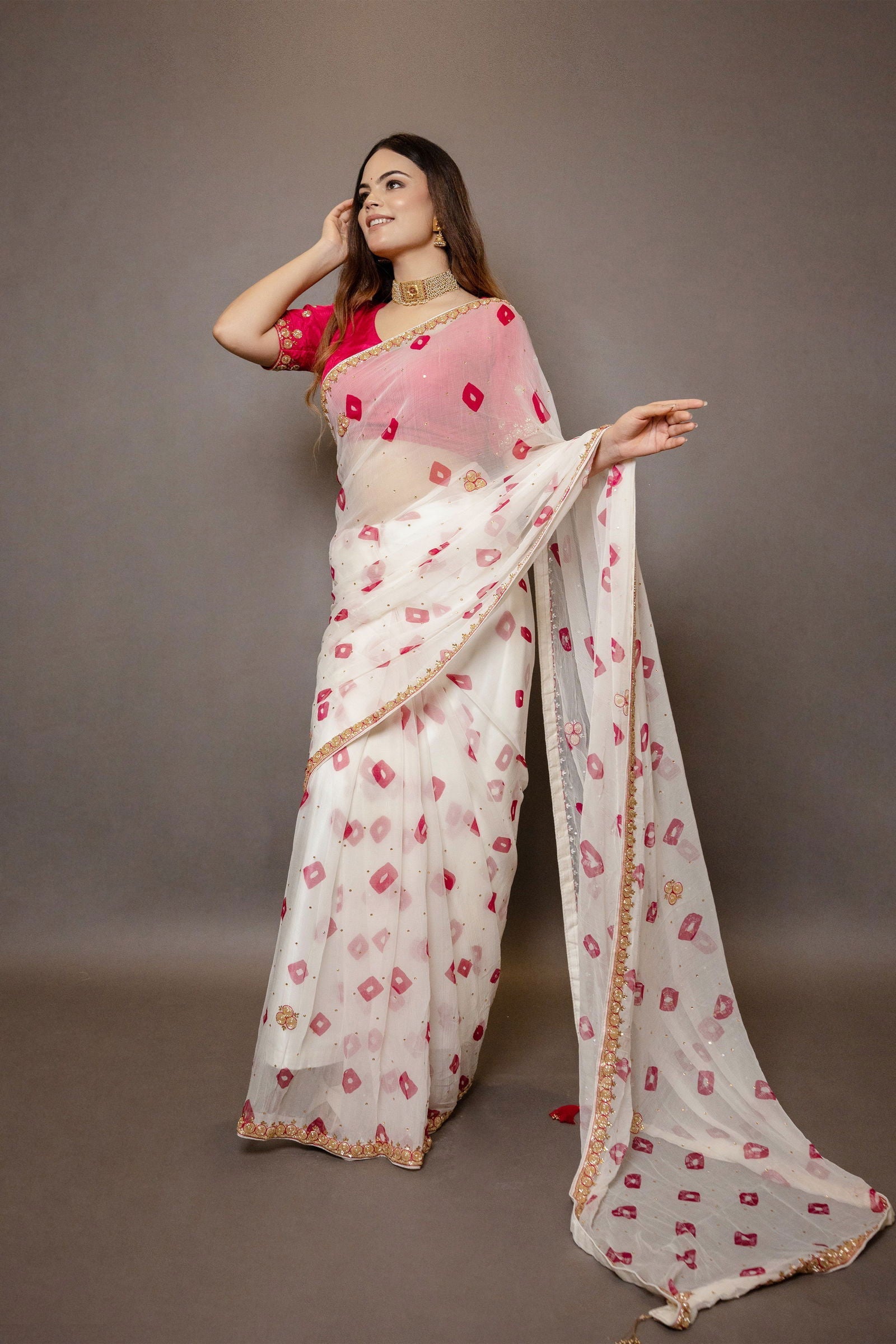Ivory Cream and Pink Chiffon Saree with Sequin Handwork with Stiched Blouse - Mayrake.in