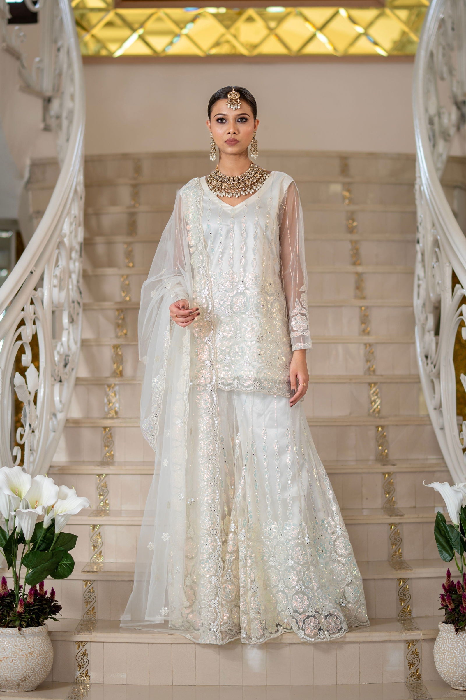Ivory Pearl White Super Net Full Sleeve Kurta With Flared Palazzo Sets - Mayrake.in
