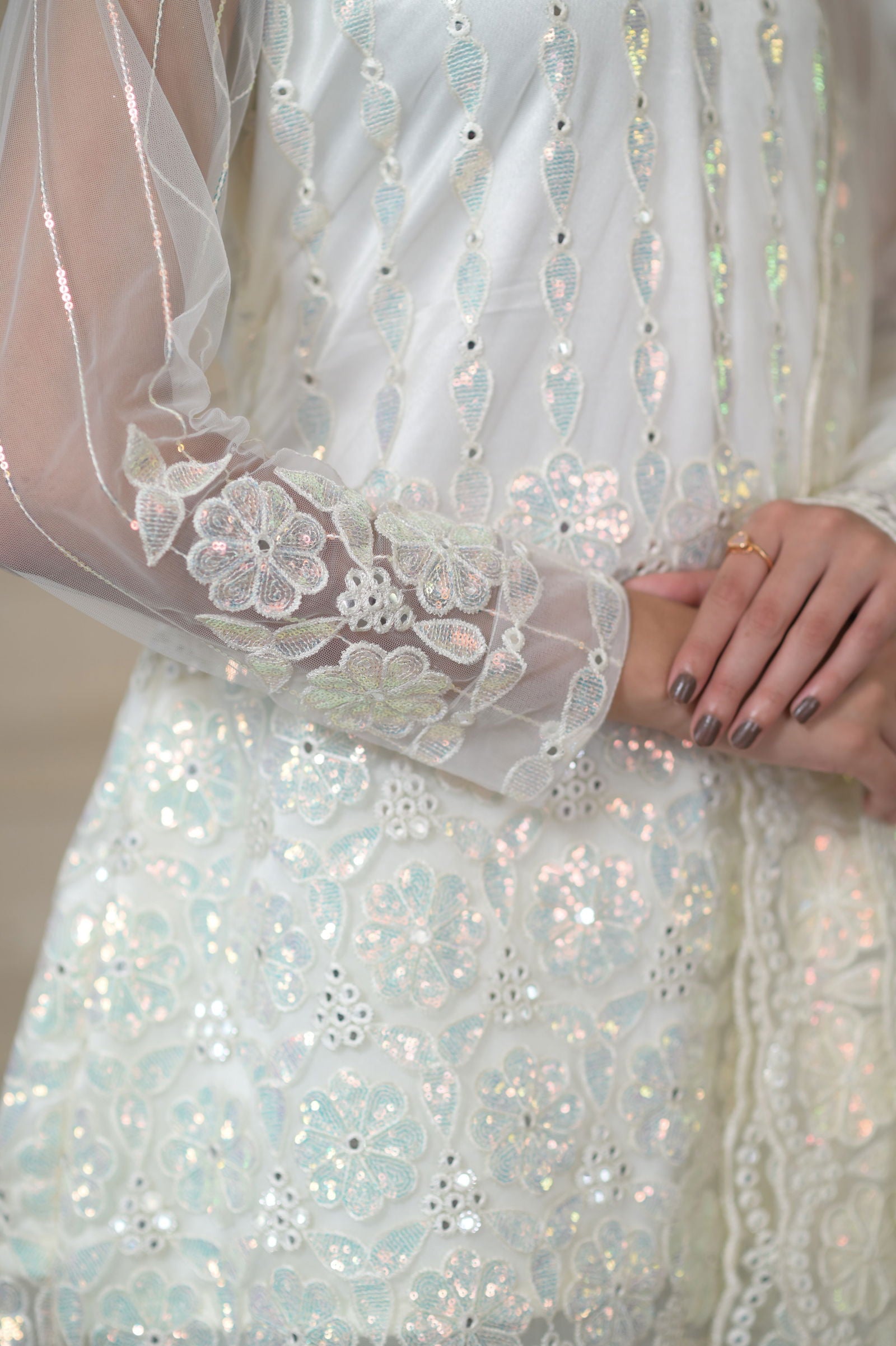 Ivory Pearl White Super Net Full Sleeve Kurta With Flared Palazzo Sets - Mayrake.in