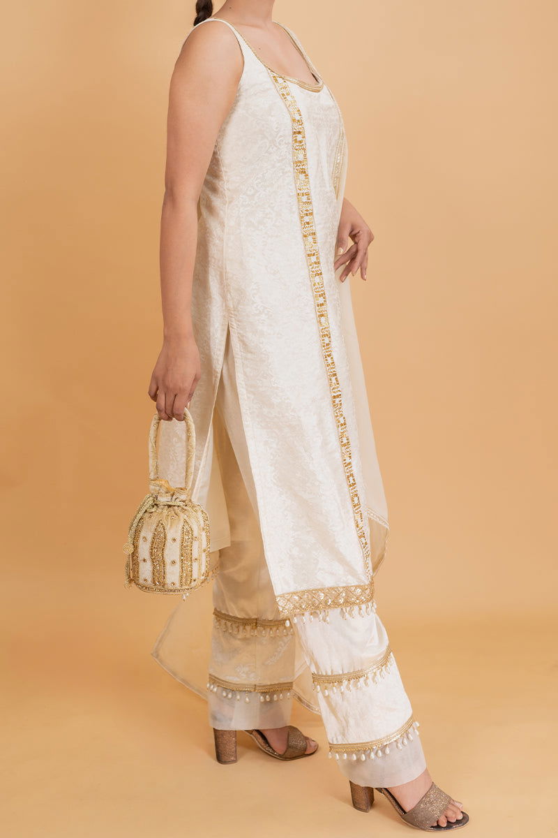 Ivory White Brocade Suit With Hanging Tassel Pant - Mayrake.in