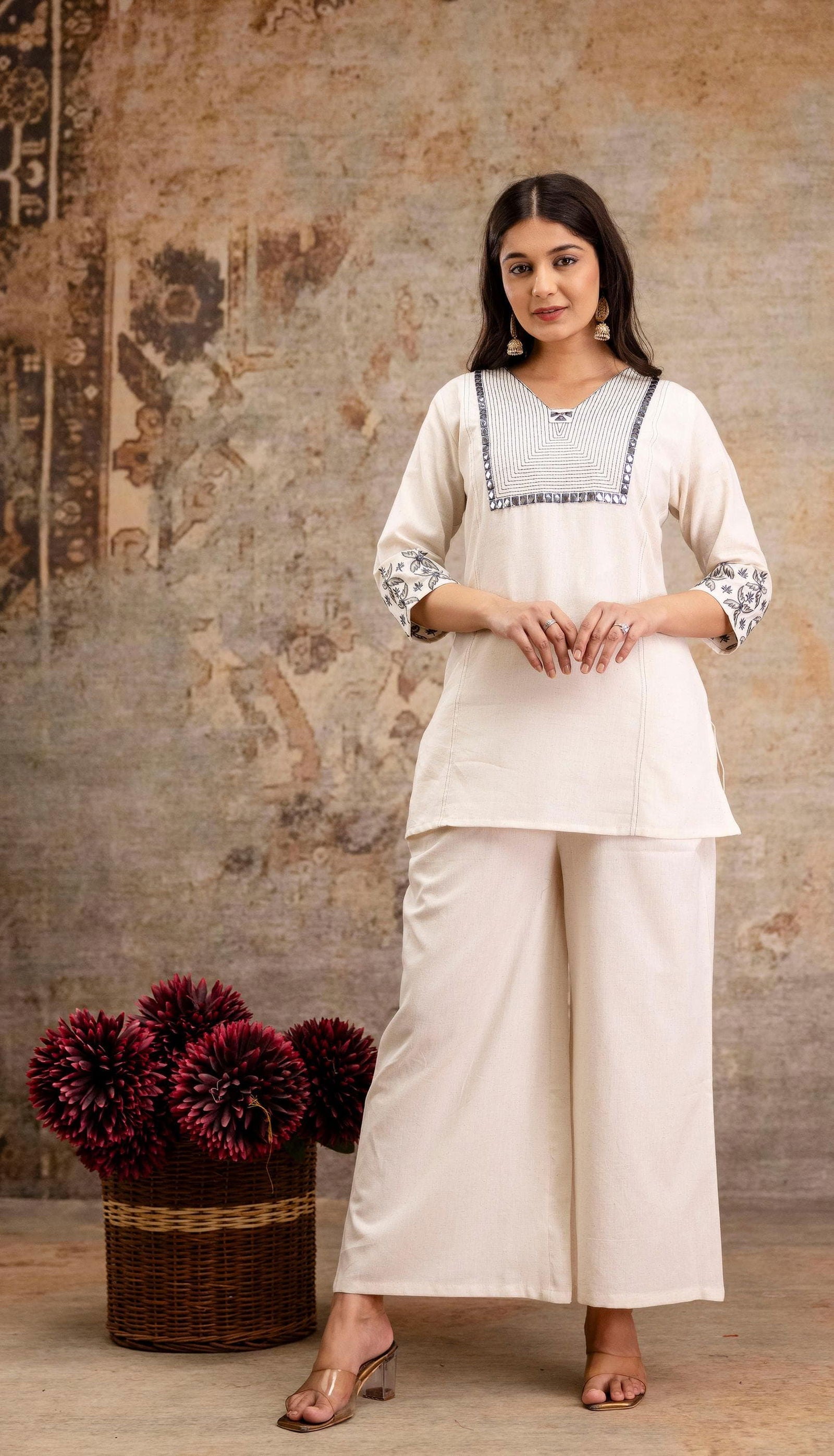 Ivory White Cord Set with Front Yoke Grey Color Embroidery - Mayrake.in
