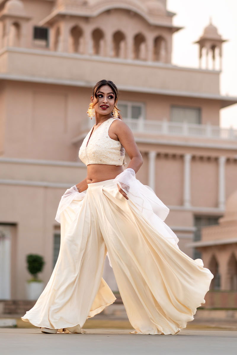 Ivory White Crepe Palazzo Pants with Embroidered Crop Top and Dupatta - Mayrake.in