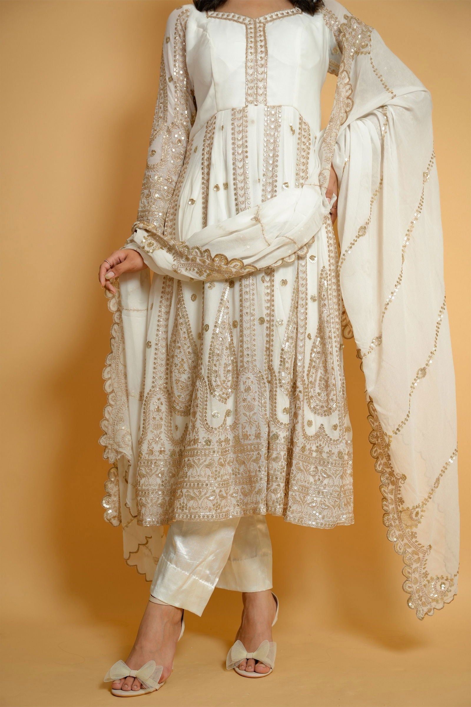 Ivory White Heavy Zari Embroidered Anarkali - Mayrake.in
