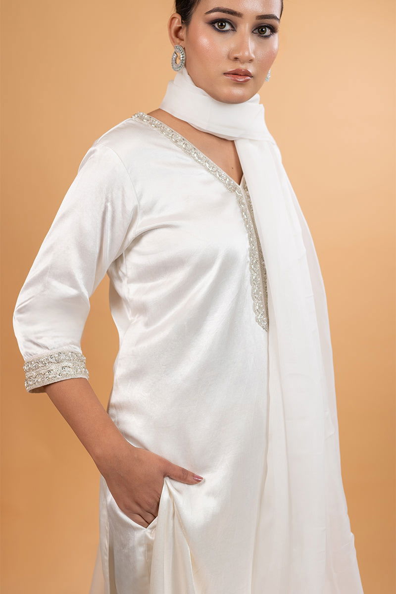 Ivory White Long Suit with Hanging Tassels Kurta - Mayrake.in