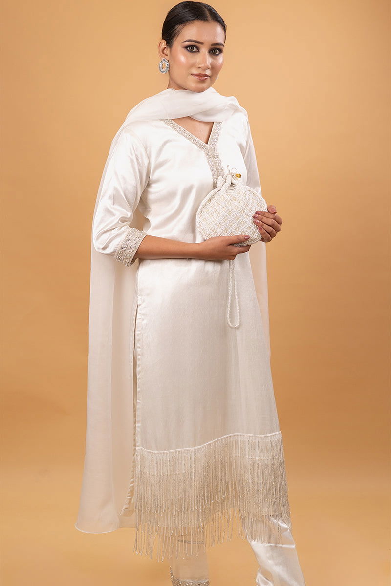 Ivory White Long Suit with Hanging Tassels Kurta - Mayrake.in