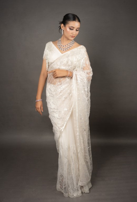Ivory White Super Net Saree Sequined Handwork - Mayrake.in