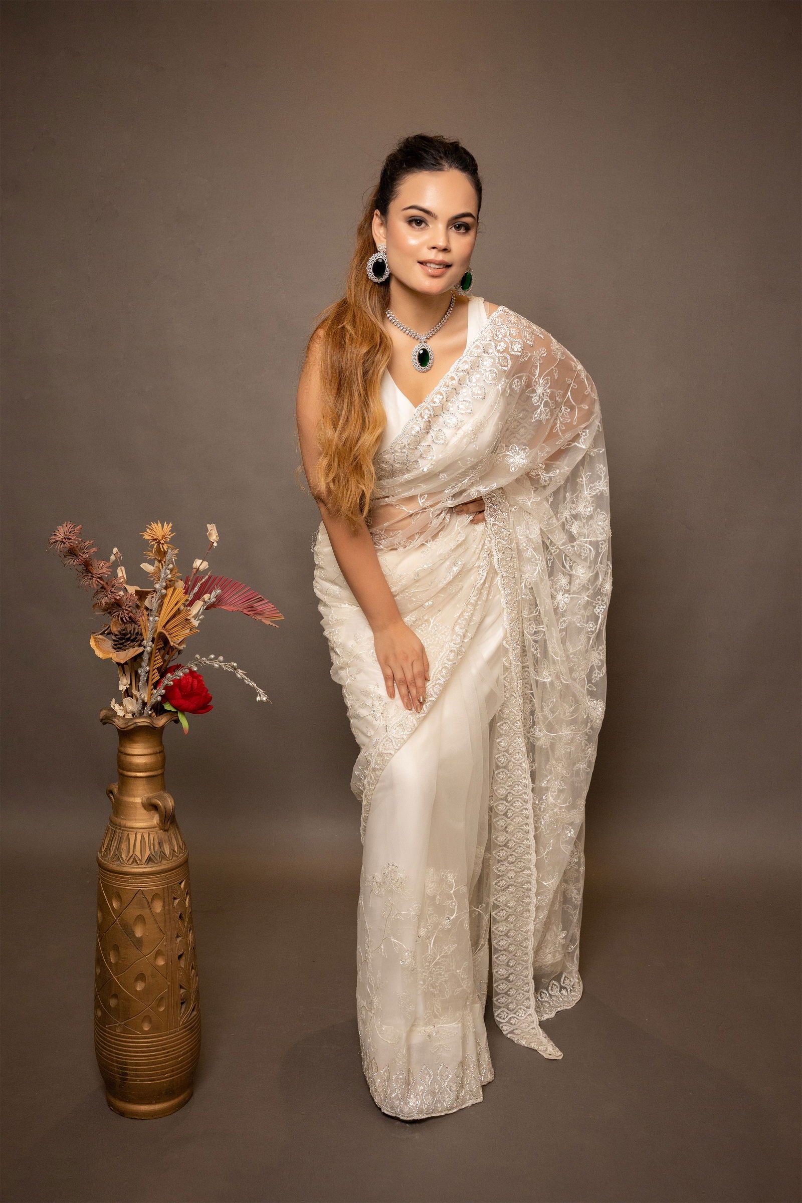 Ivory White Super Net Saree with thread Work, Swarovski Border, and Detailed Blouse - Mayrake