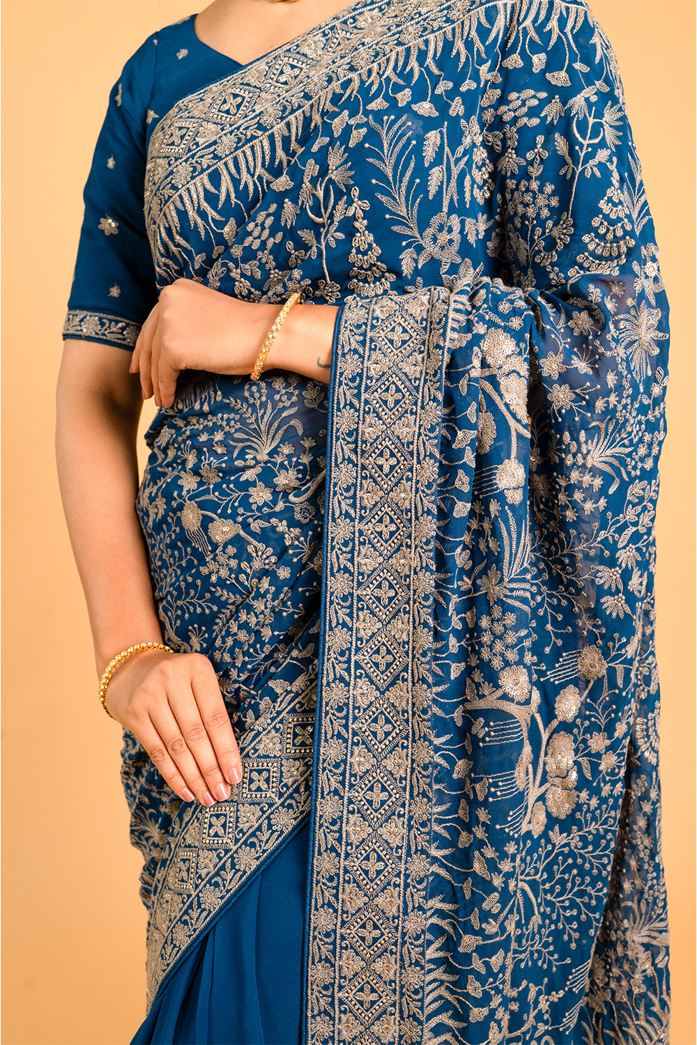 Light Yellow Lucknowi Georgette Saree with Beautiful Tassels and Zari Work