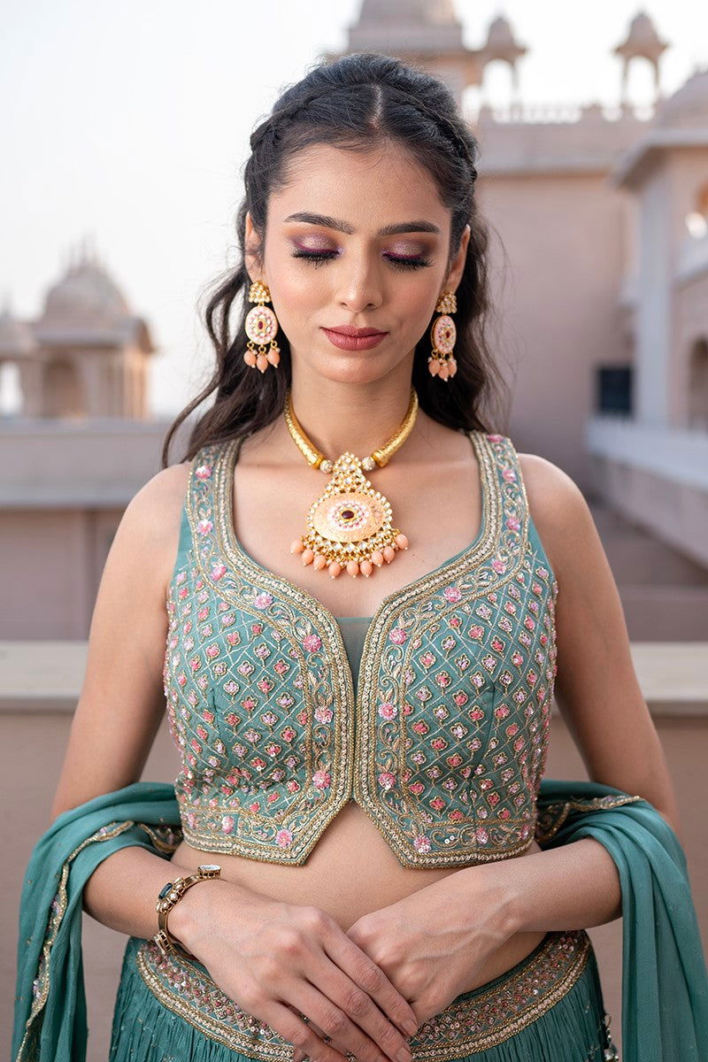 Jadau Kundan Peach Beads Pearls Hasli - Mayrake.in