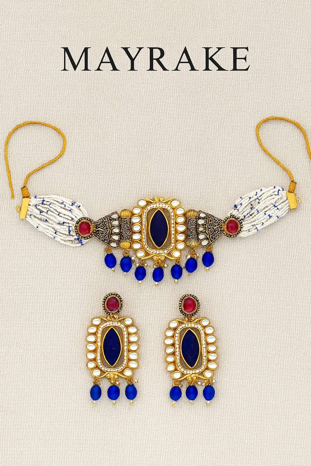 Kundan Blue Beads Choker with Matching Earrings Jewellery Set - Mayrake.in