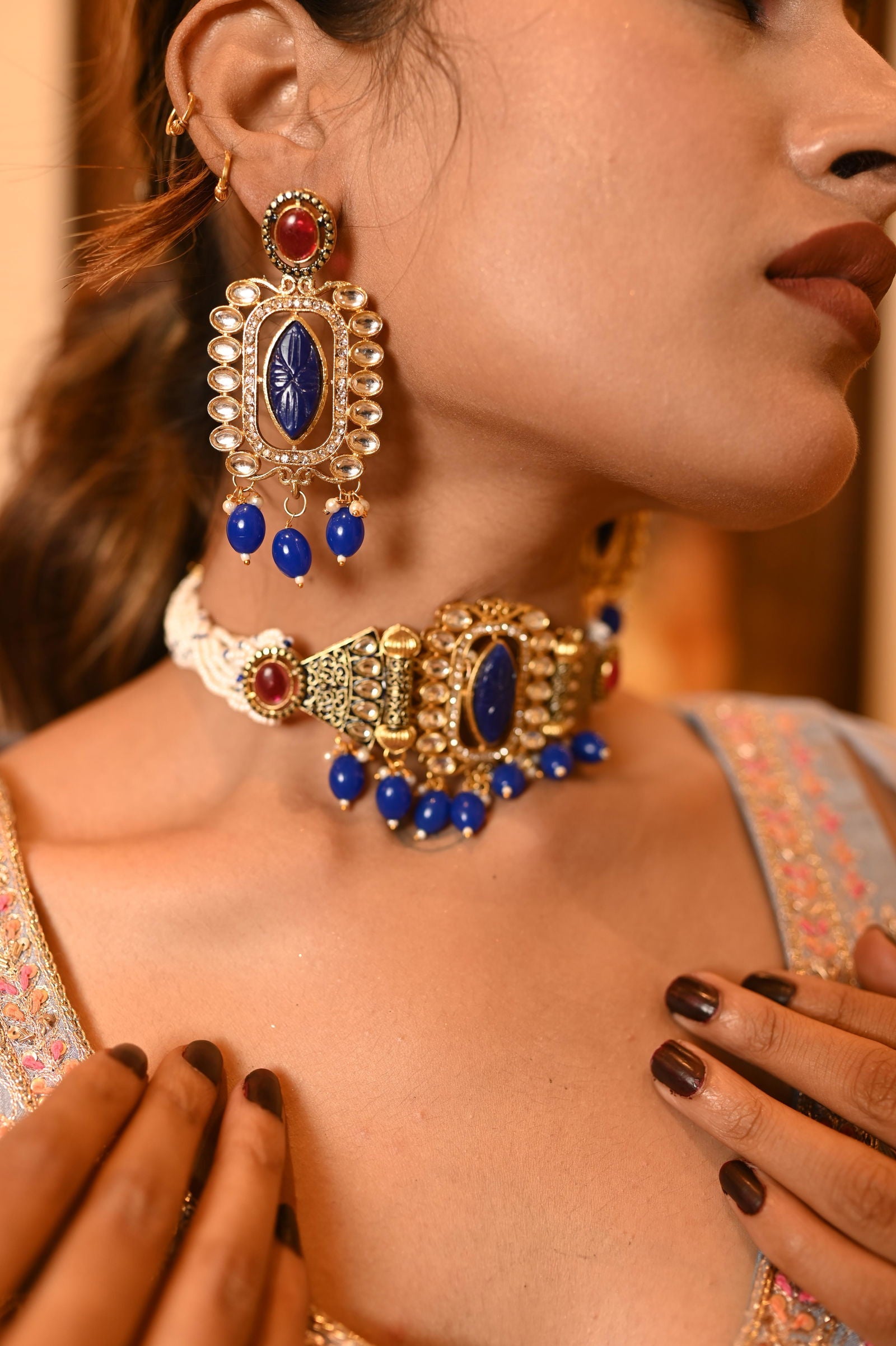 Kundan Choker with Blue Beads and Matching Earrings - Mayrake -