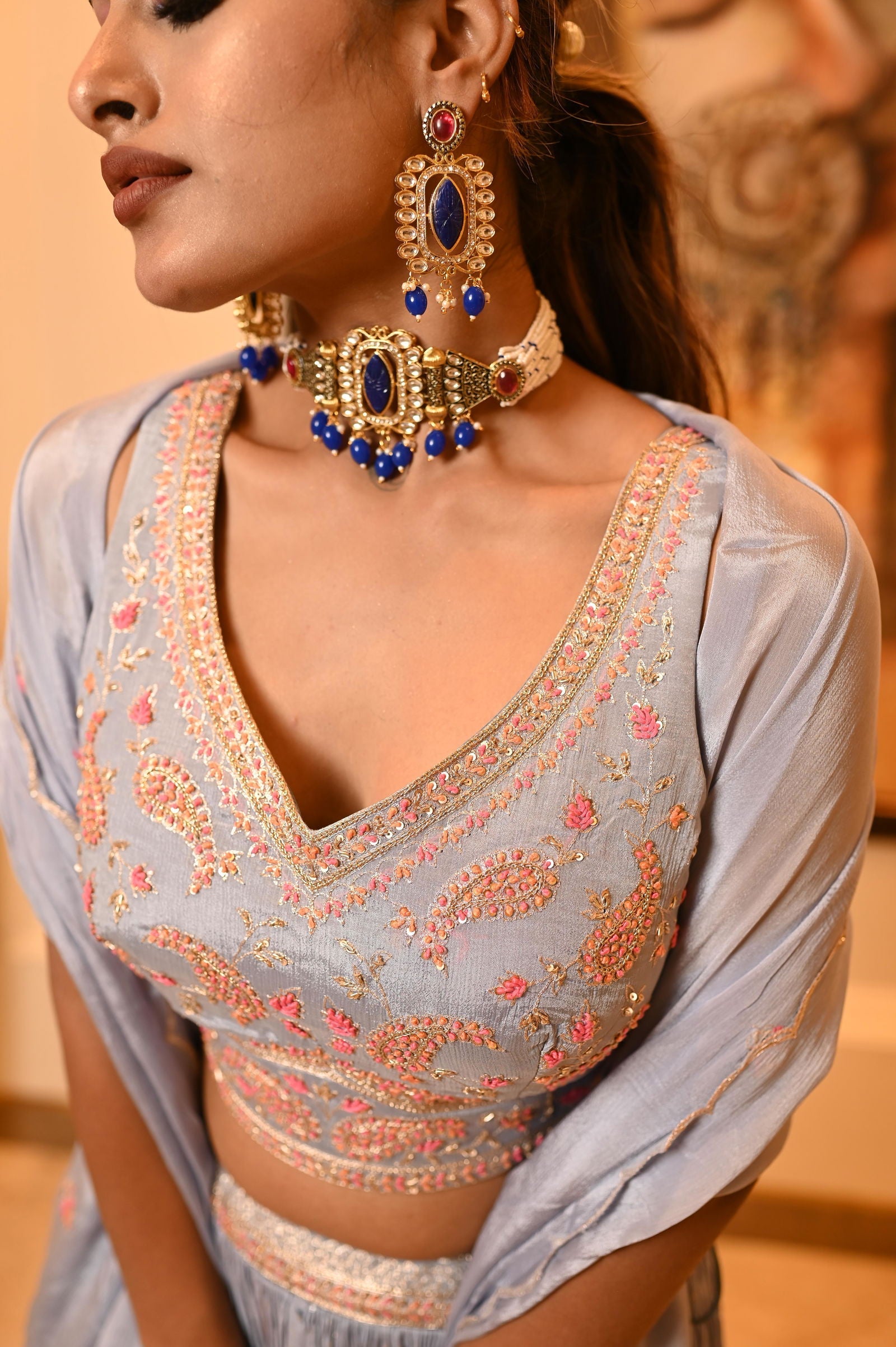 Kundan Choker with Blue Beads and Matching Earrings - Mayrake -