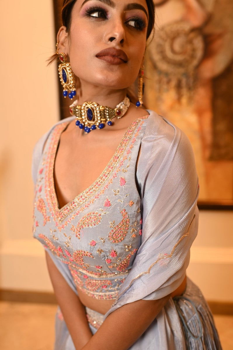 Kundan Choker with Blue Beads and Matching Earrings - Mayrake -