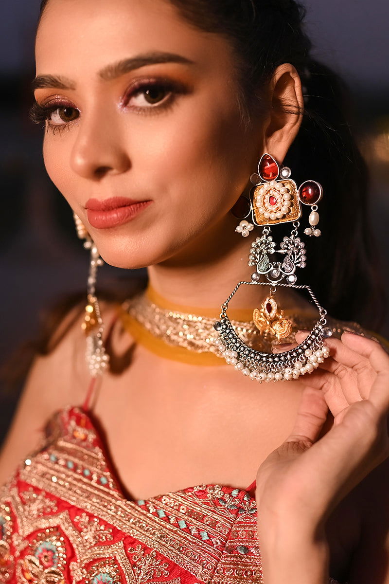 Large Kundan Earrings with Oxidized Antique Peacock Design and Ghungroo Accents - Mayrake -