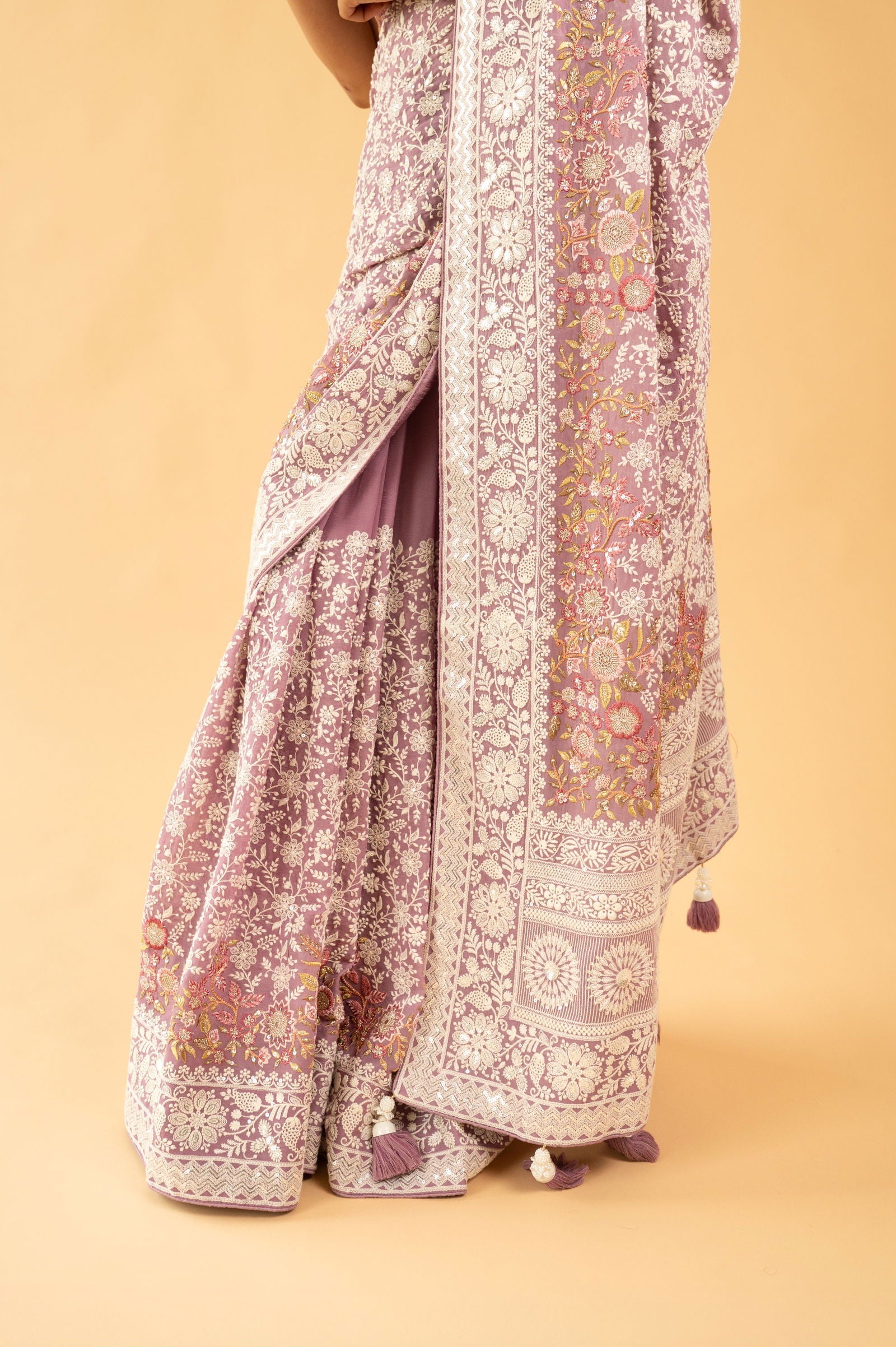 Lavender Purple Lucknowi Georgette Saree with Beautiful Tassels and Zari Work - Mayrake.in