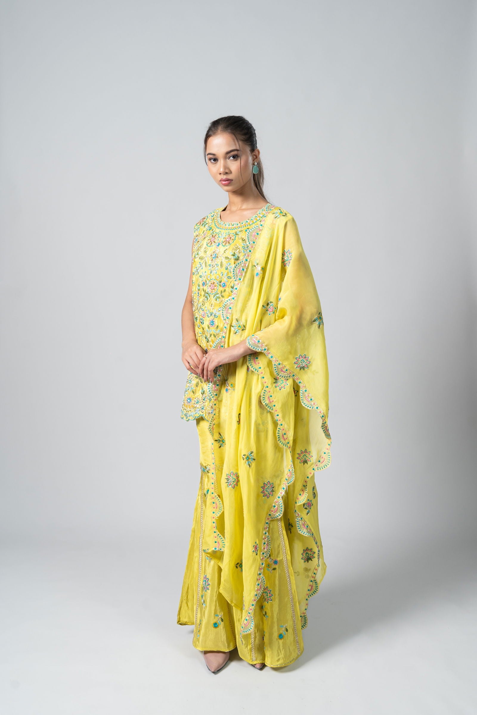 Lemon Green Crepe Garara Set with Pearl Embroidery - Mayrake.in