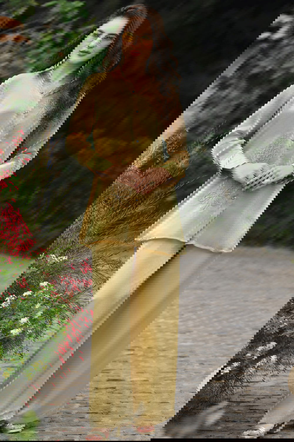 Light Yellow Handwork Viscose Silk Cord-Set Suit with Pant with Pocket - Mayrake.in