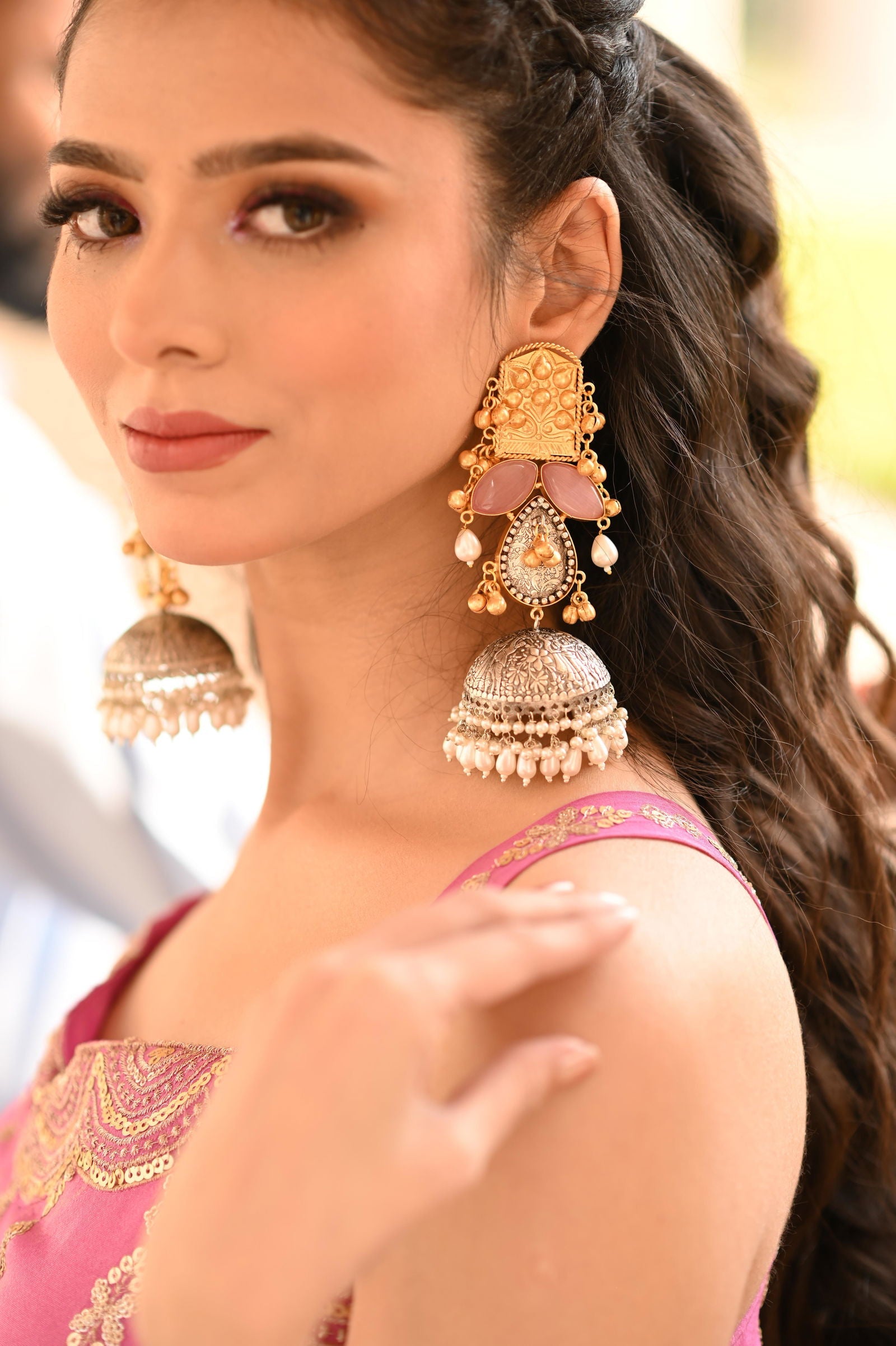 Long Jhumkas Earrings with Teardrop Pearls and Pink Stones in Mix Metal - Mayrake -