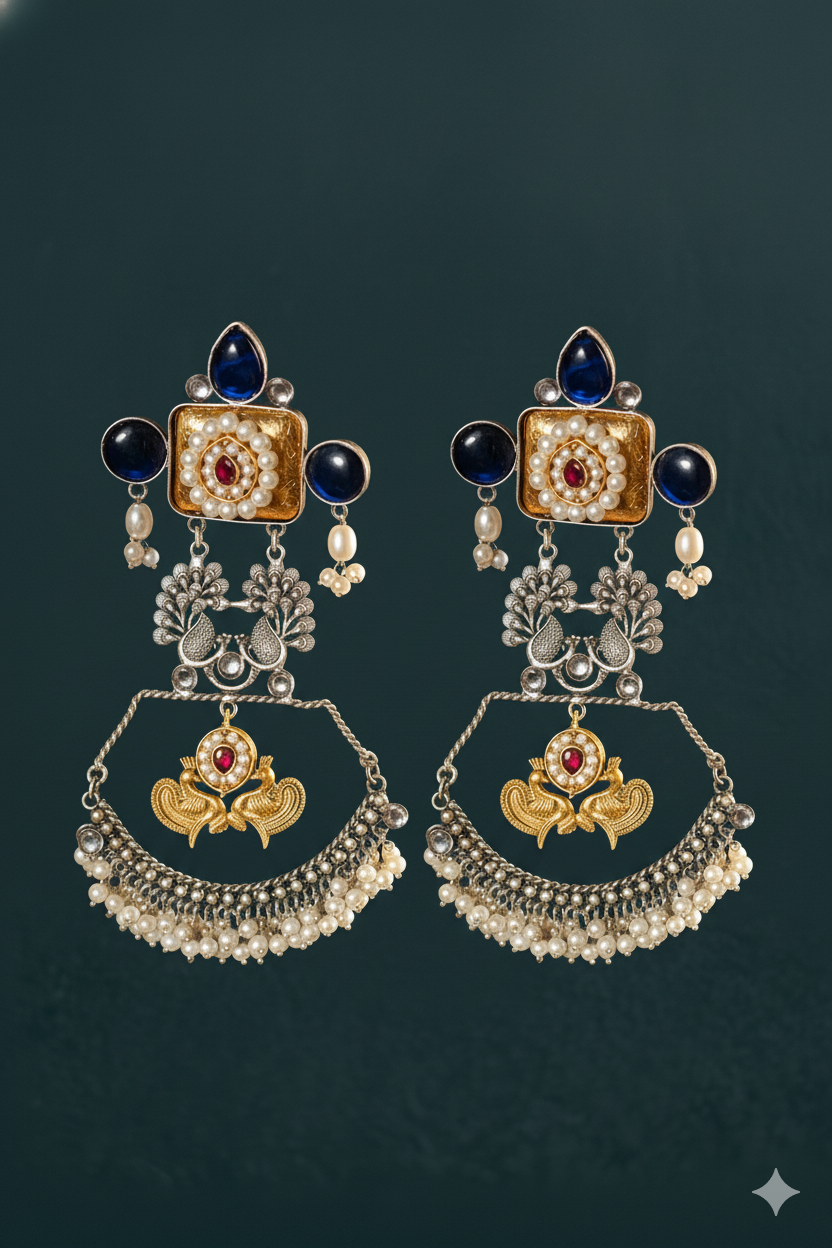 Long Peacock Design Earrings Jewellery with Kundan, Blue Stones & Pearls