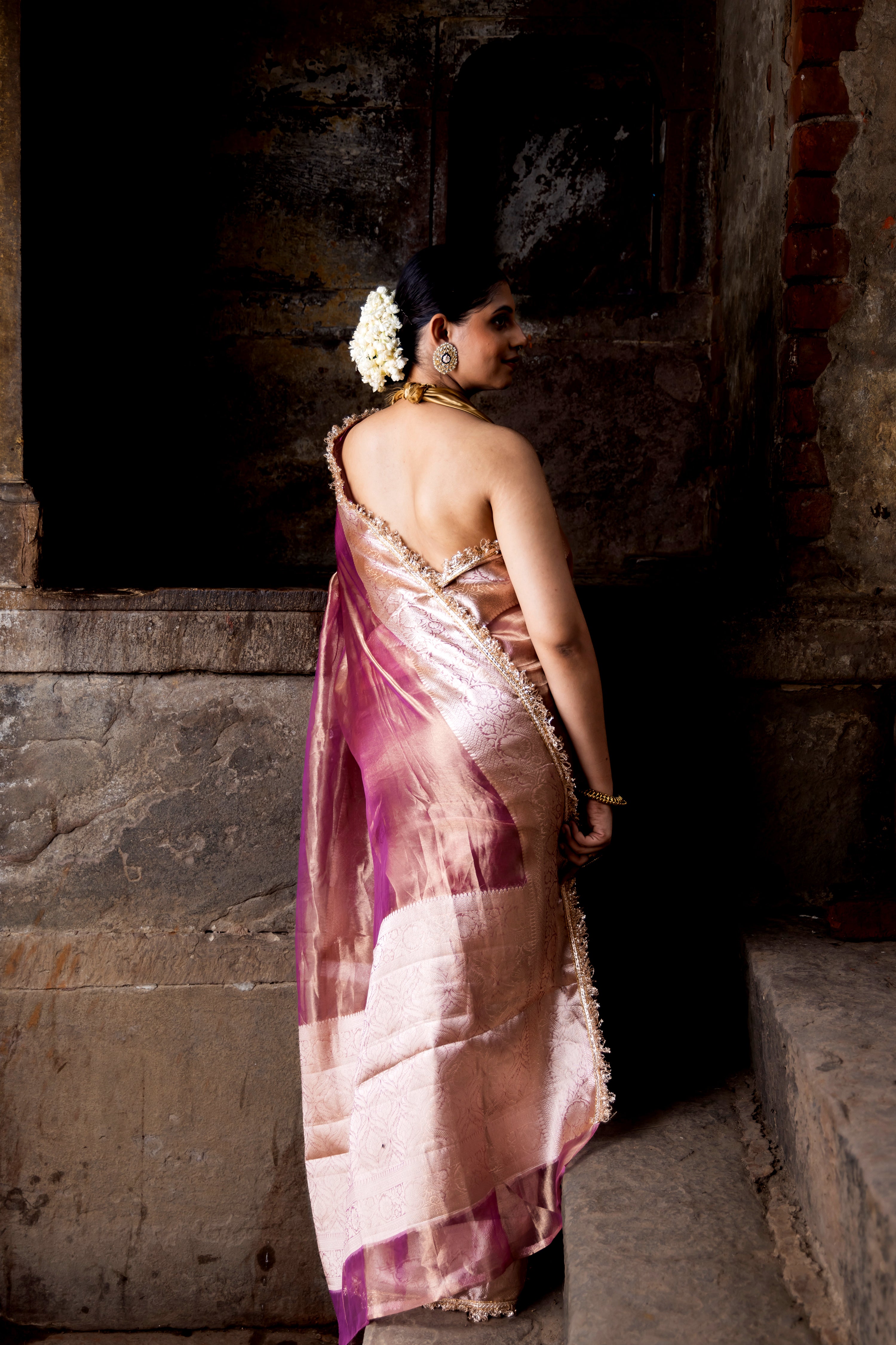 Handloom Peach Pink Pure Katan Tissue Silk Banarasi Saree