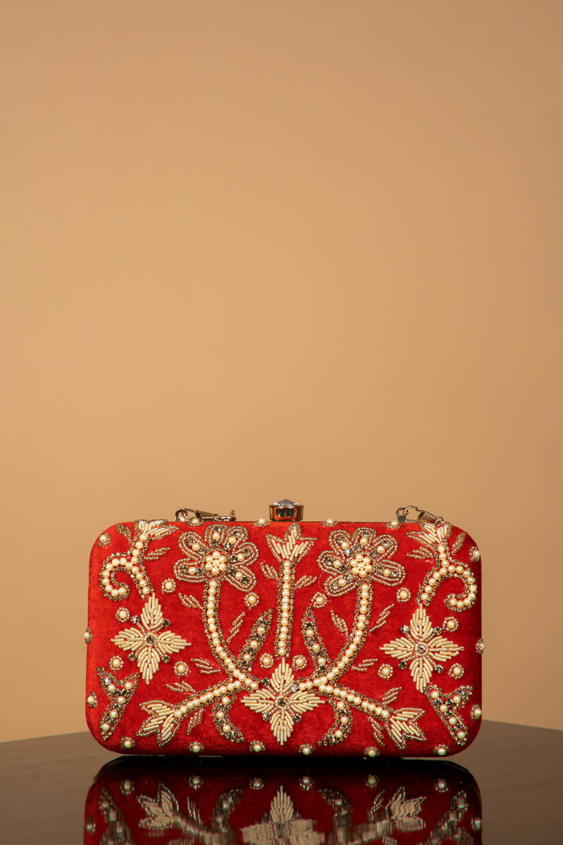 Handcrafted Red Velvet Zardosi Clutch with Pearls & Handle