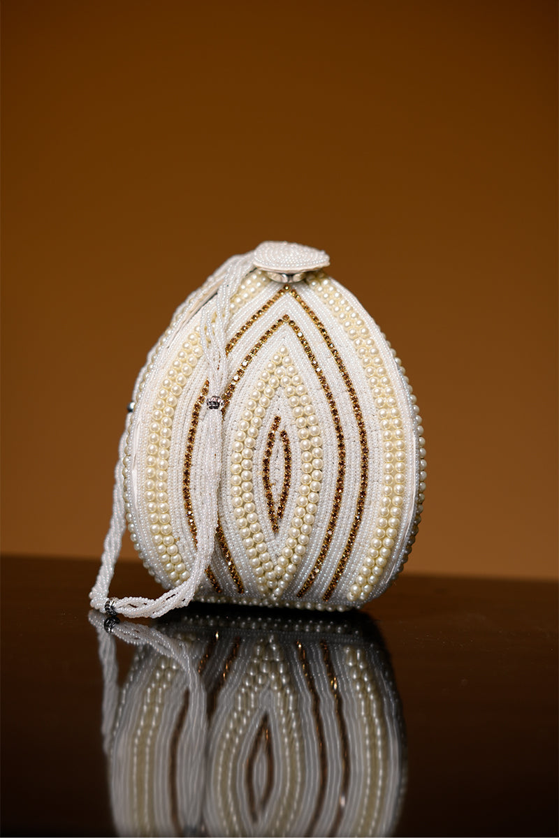 Rose Gold Pearl Potli with Swarovski Frame & Pearl Handle