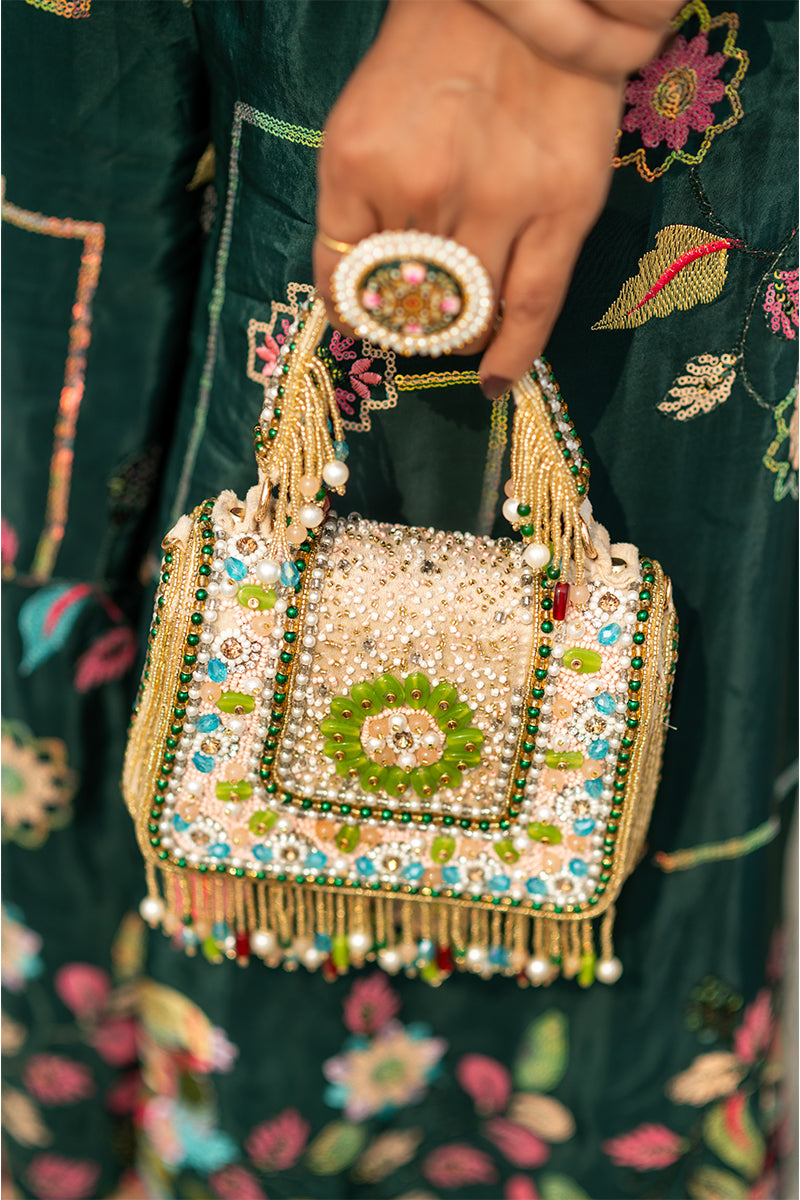 Multicolor Bag with Tassels and Beautiful Handle with Velvet Base