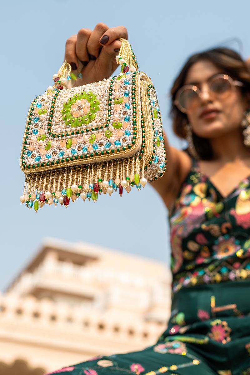 Multicolor Bag with Tassels and Beautiful Handle with Velvet Base