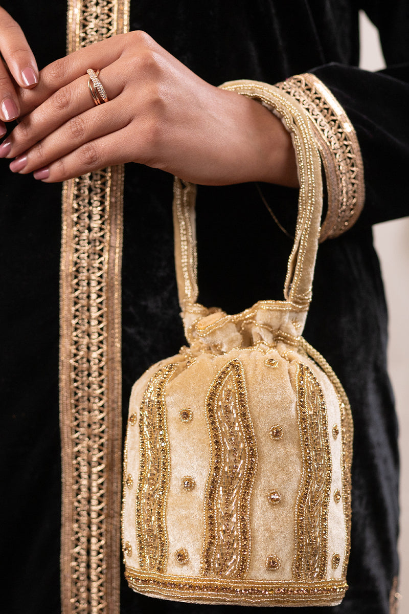 Beige Color Hanging Potli with Golden Beads and Zari Designs with Velvet Base