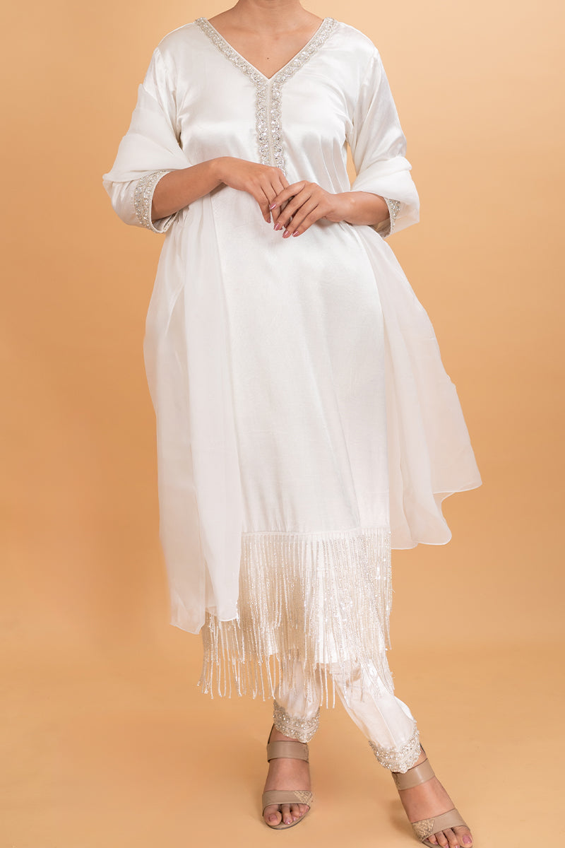 Ivory White Long Suit with Hanging Tassels Kurta