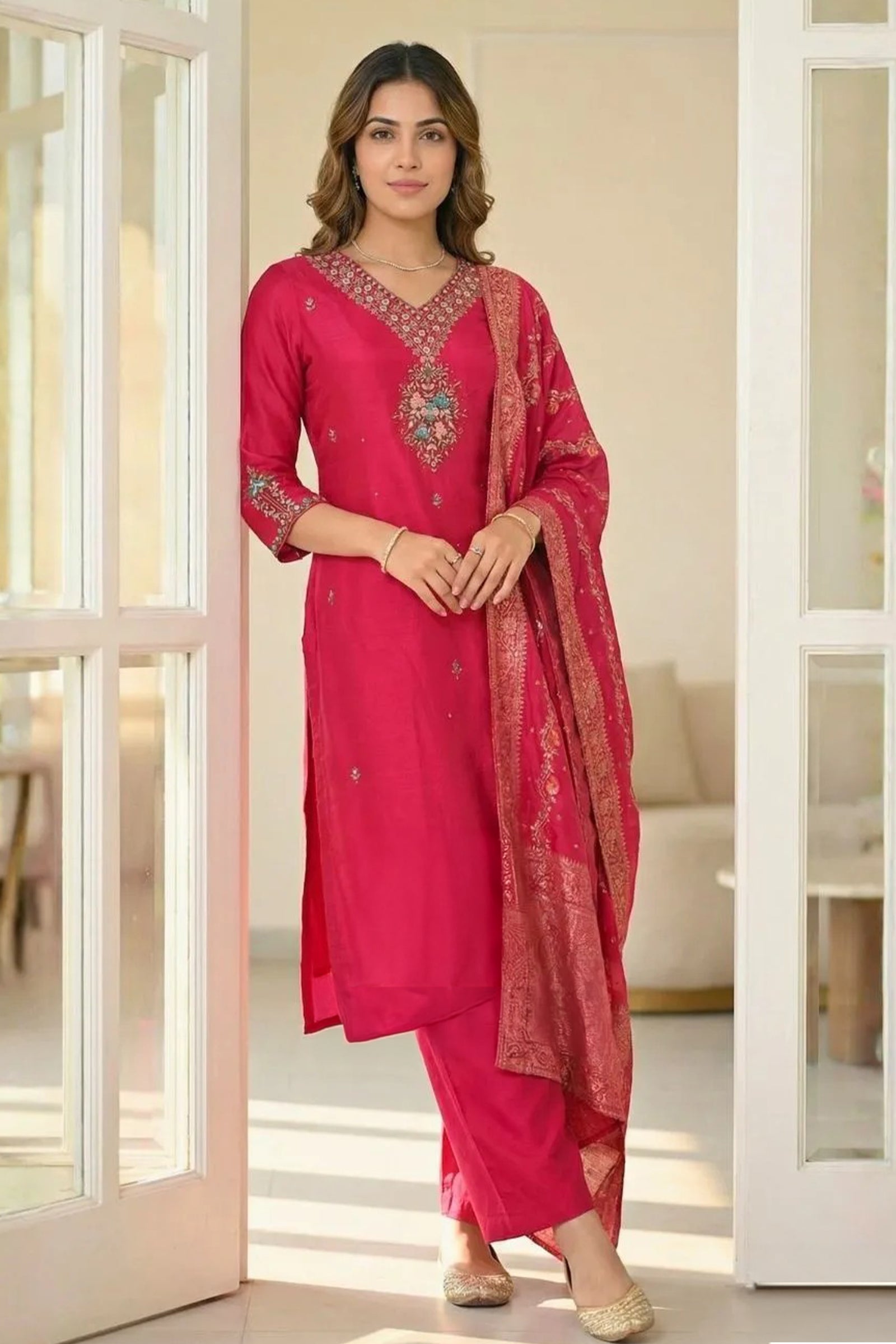 Red Crepe Silk Straight Kurta with Straight Pant and Zardosi Work