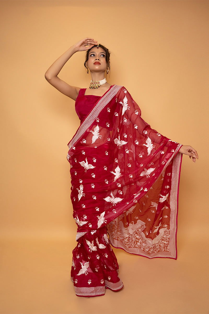 Magenta Organza Saree with Bird Motif Thread Work with Designer Stitched Blouse - Mayrake