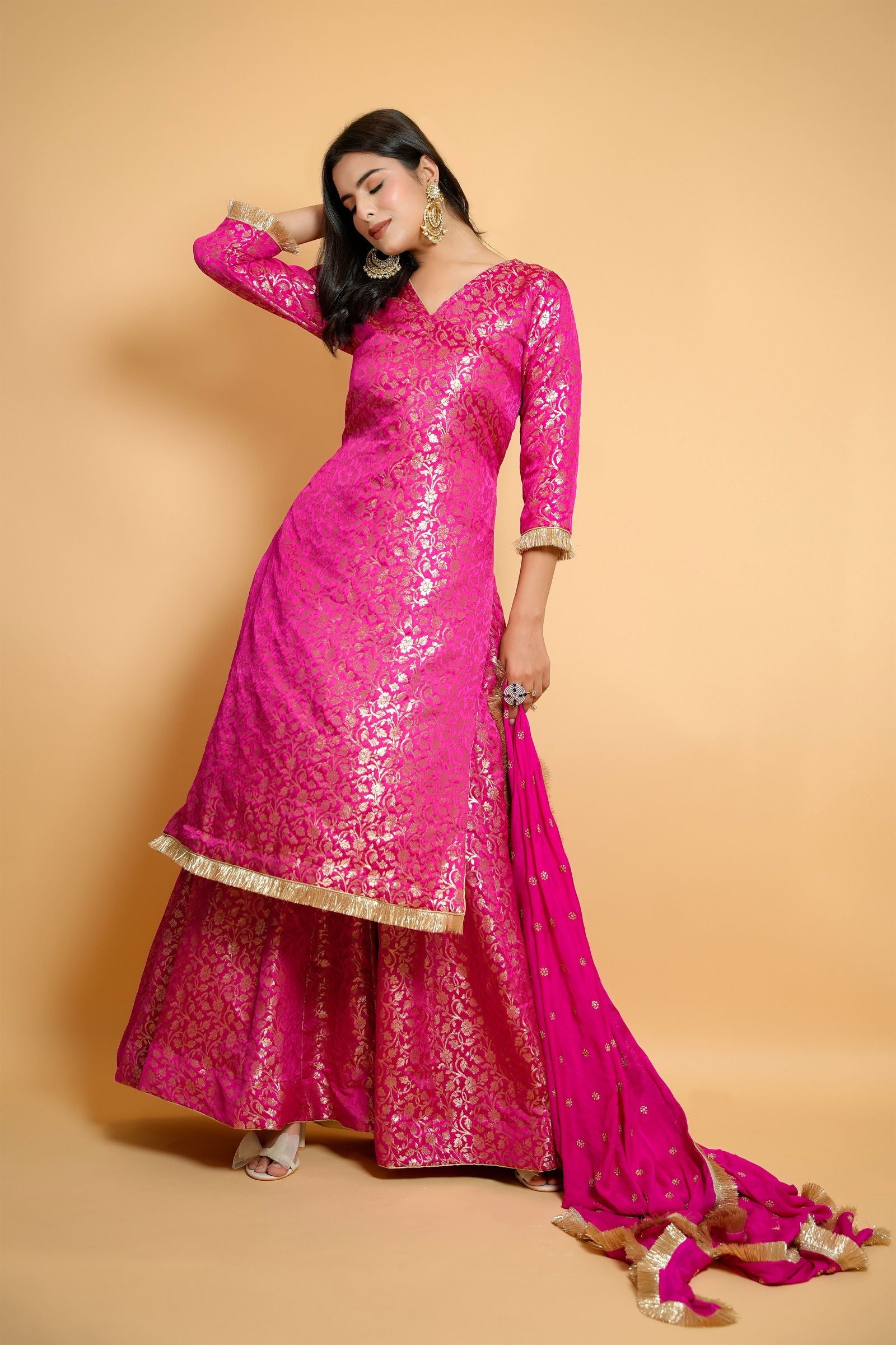 Magenta Pink Brocade Sharara Suit with Golden Frill Lace and Georgette Dupatta - Mayrake