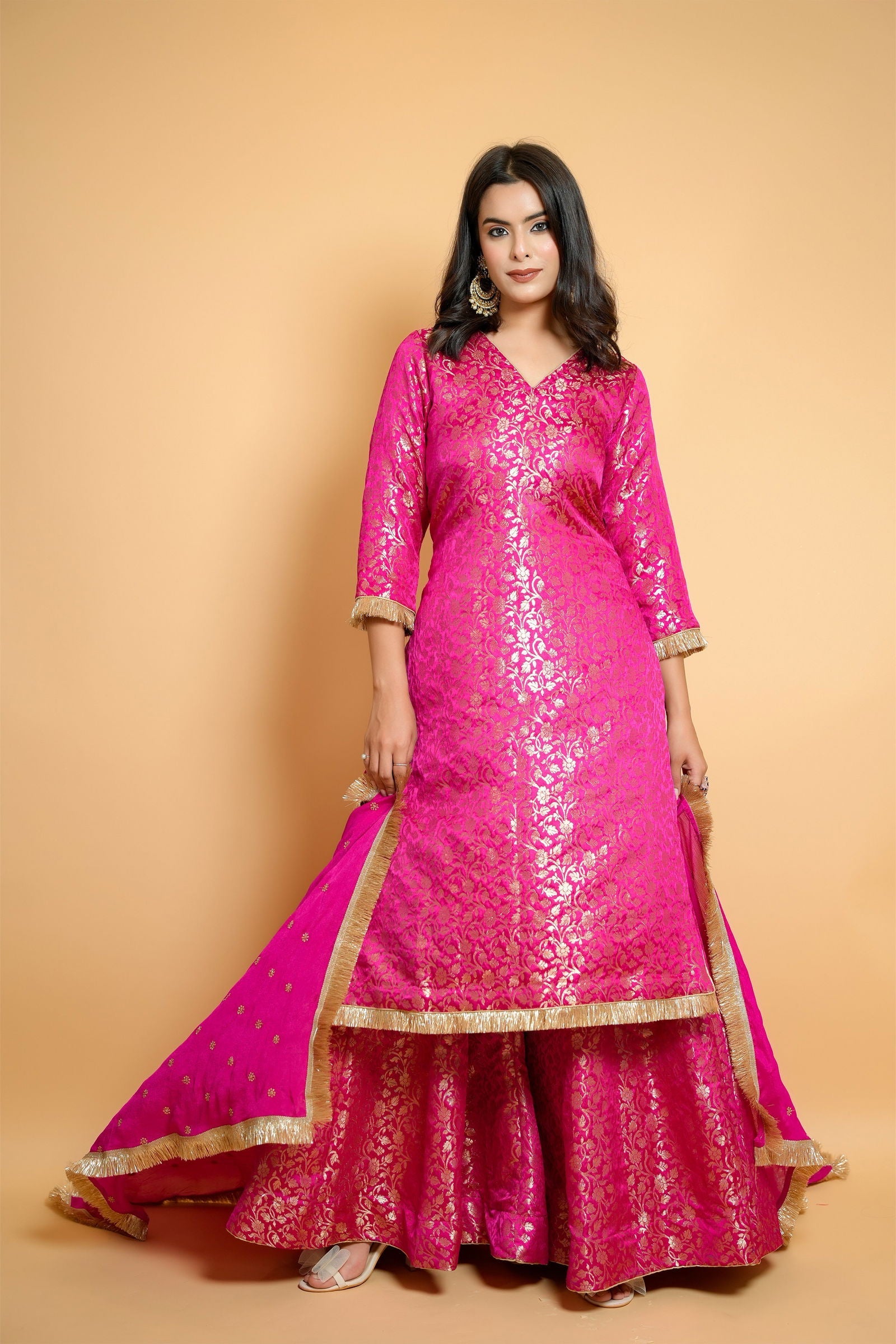 Magenta Pink Brocade Sharara Suit with Golden Frill Lace and Georgette Dupatta - Mayrake
