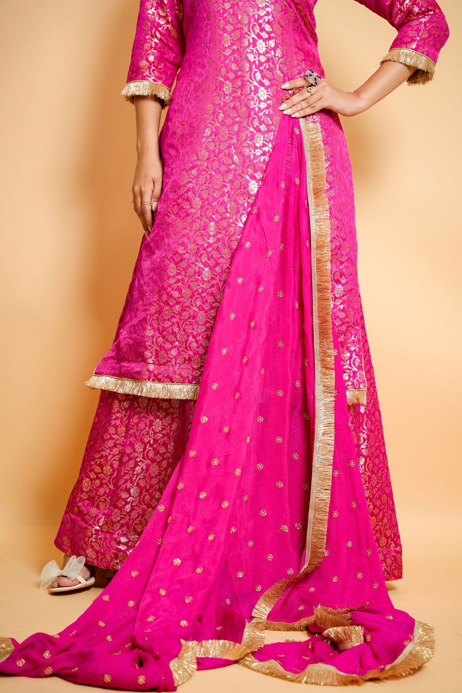 Magenta Pink Brocade Sharara Suit with Golden Frill Lace and Georgette Dupatta - Mayrake