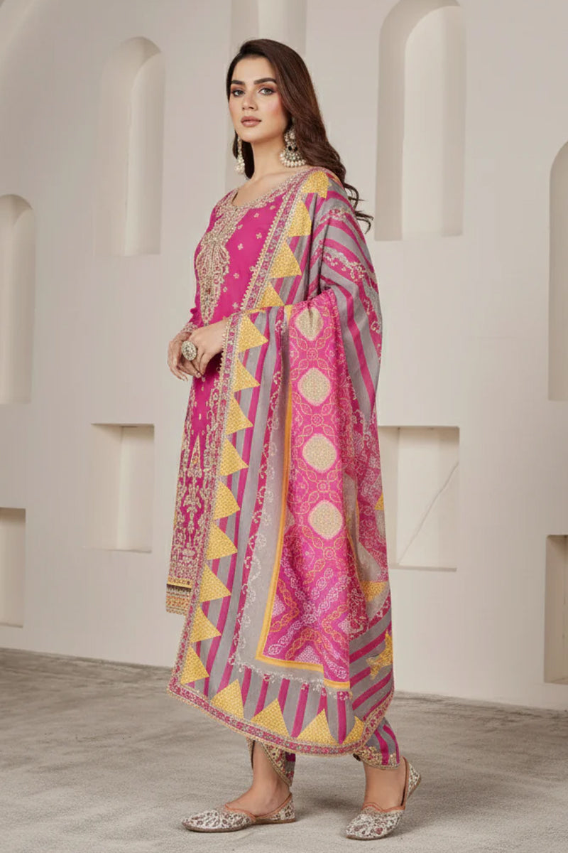 Magenta Pink Silk Suit with Zari Embroidery with Designer Dhoti Pant & Dupatta