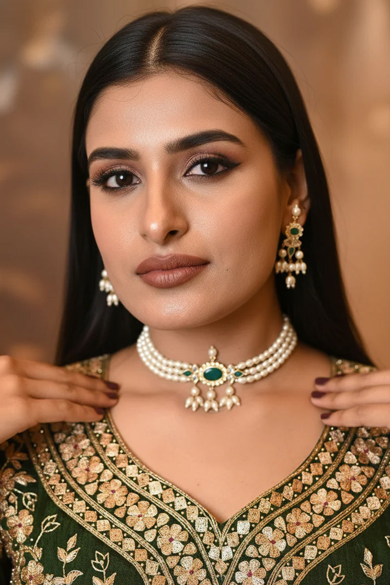 Pearl Emerald Kundan Stone Choker Jewellery