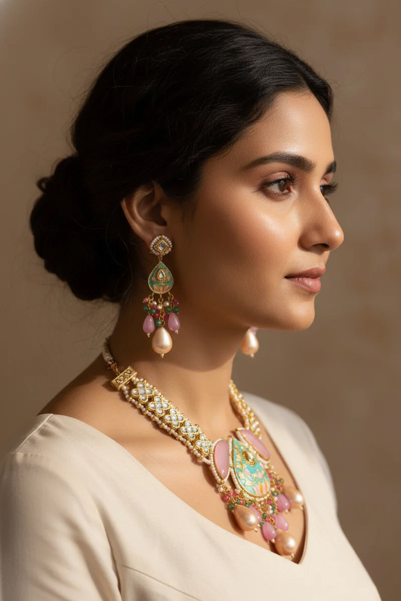 Gold Finish Kundan Necklace Jewellery with Multi-Color Beads and Pearls