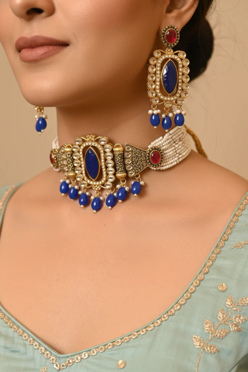 Kundan Blue Beads Choker with Matching Earrings Jewellery Set