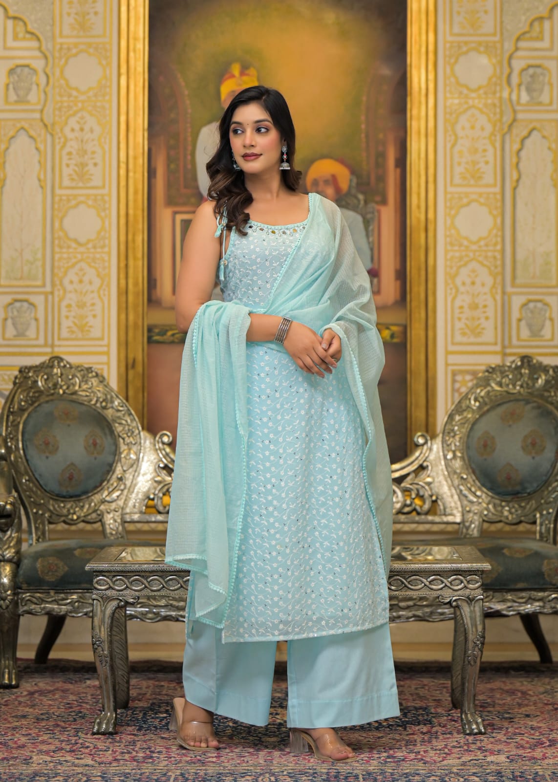 Sky Blue Georgette Sleeveless Salwar Suit Set with Dupatta