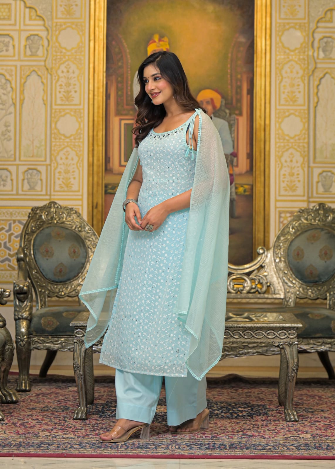 Sky Blue Georgette Sleeveless Salwar Suit Set with Dupatta