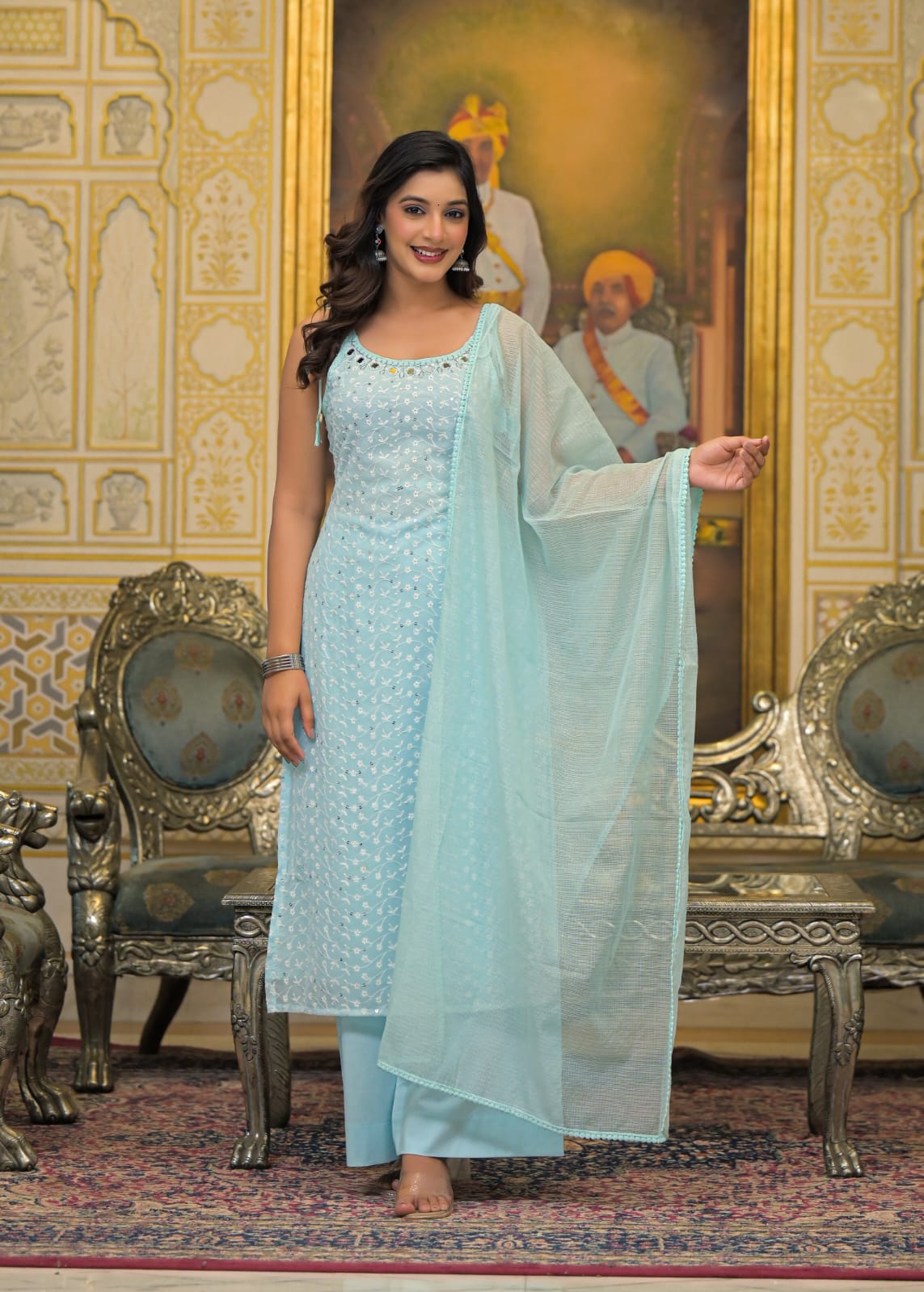 Sky Blue Georgette Sleeveless Salwar Suit Set with Dupatta