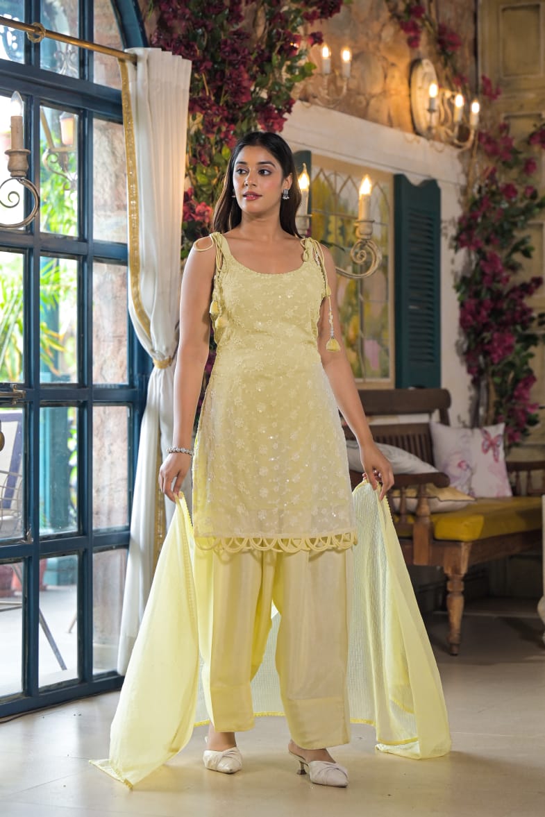 Lemon Georgette Sleeveless Salwar Suit Set with Dupatta