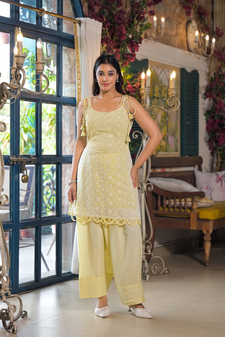 Lemon Georgette Sleeveless Salwar Suit Set with Dupatta