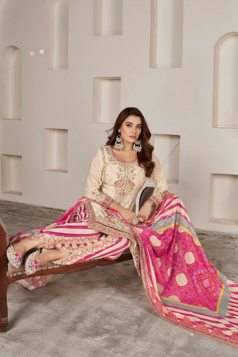 Cream-Pink Silk Suit with Zari Embroidery with Designer Dhoti Pant & Dupatta