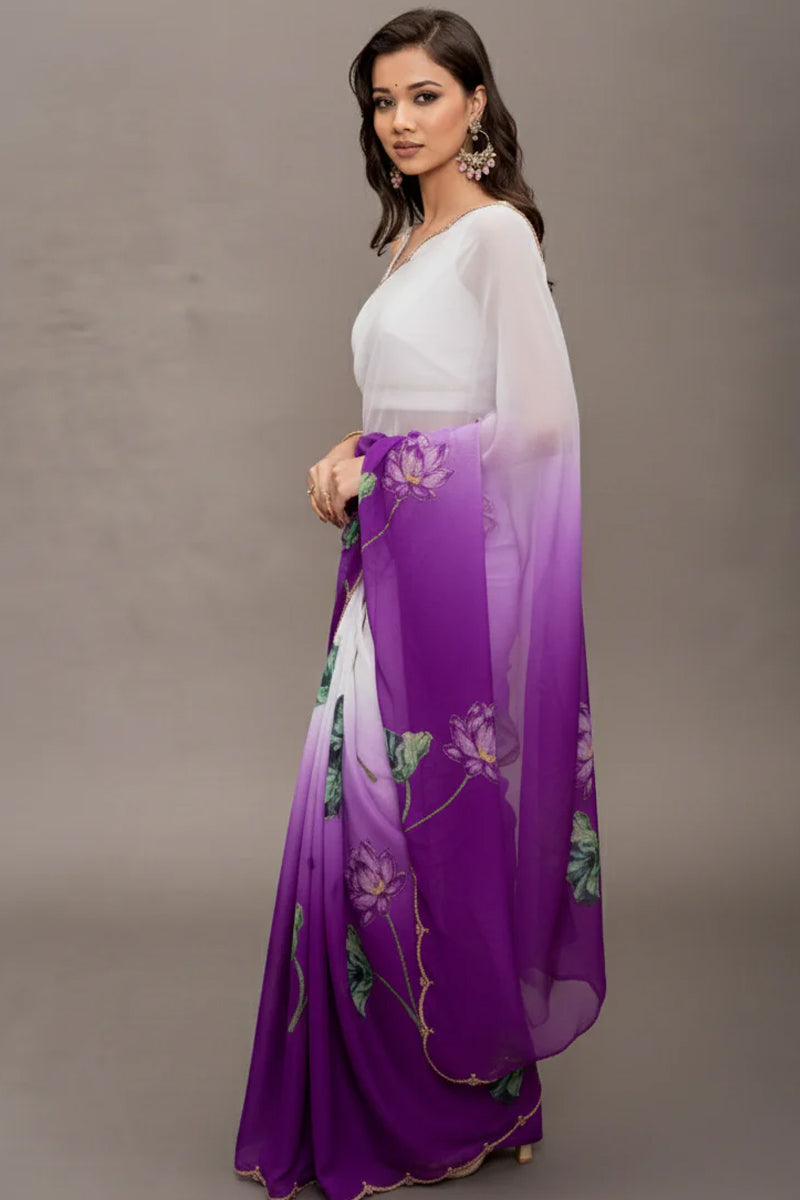 Dark Purple Tebi Twin Silk Saree with Floral Digital Print & Moti Handwork Border