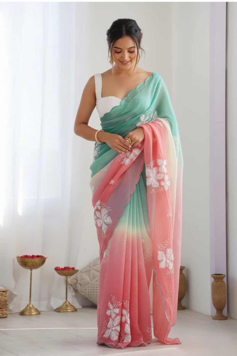 Green Pink Pastel Shaded Chinon Silk Saree with Sequin Embroidery & Khatli Border