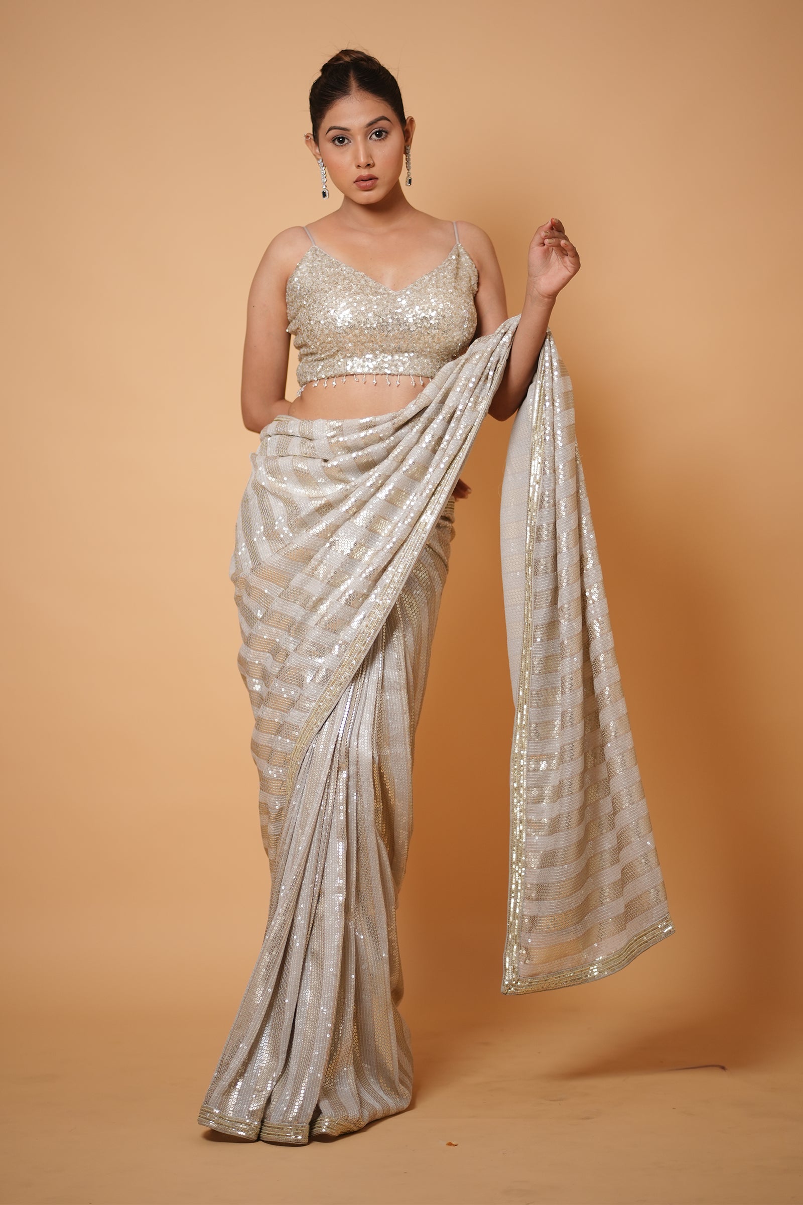 Off-White & Gold Diagonal Striped Sequin Embroidery Saree