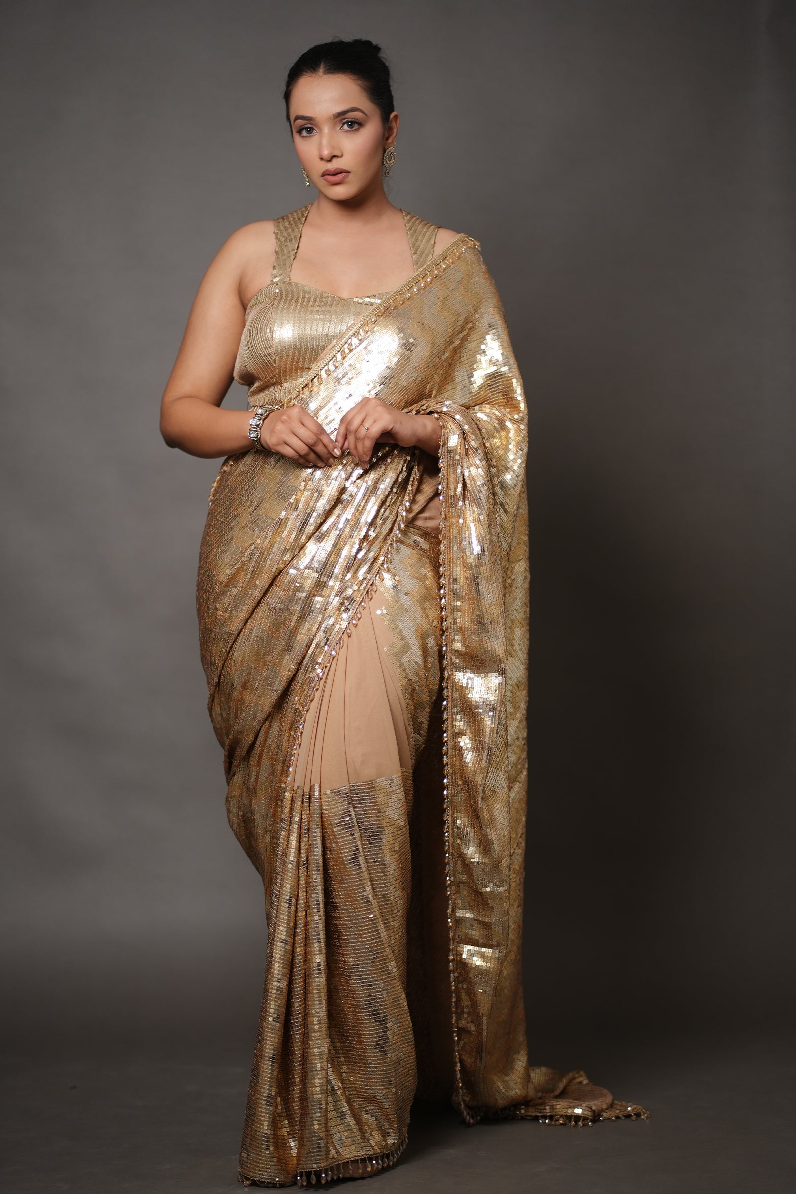 Champagne Gold All-Over Sequin Saree with Beaded Border