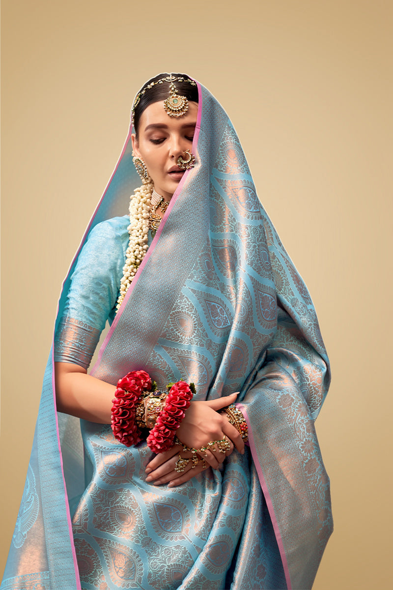 Two-Tone Blue Weaving Silk Saree with Contrast Selvage Border